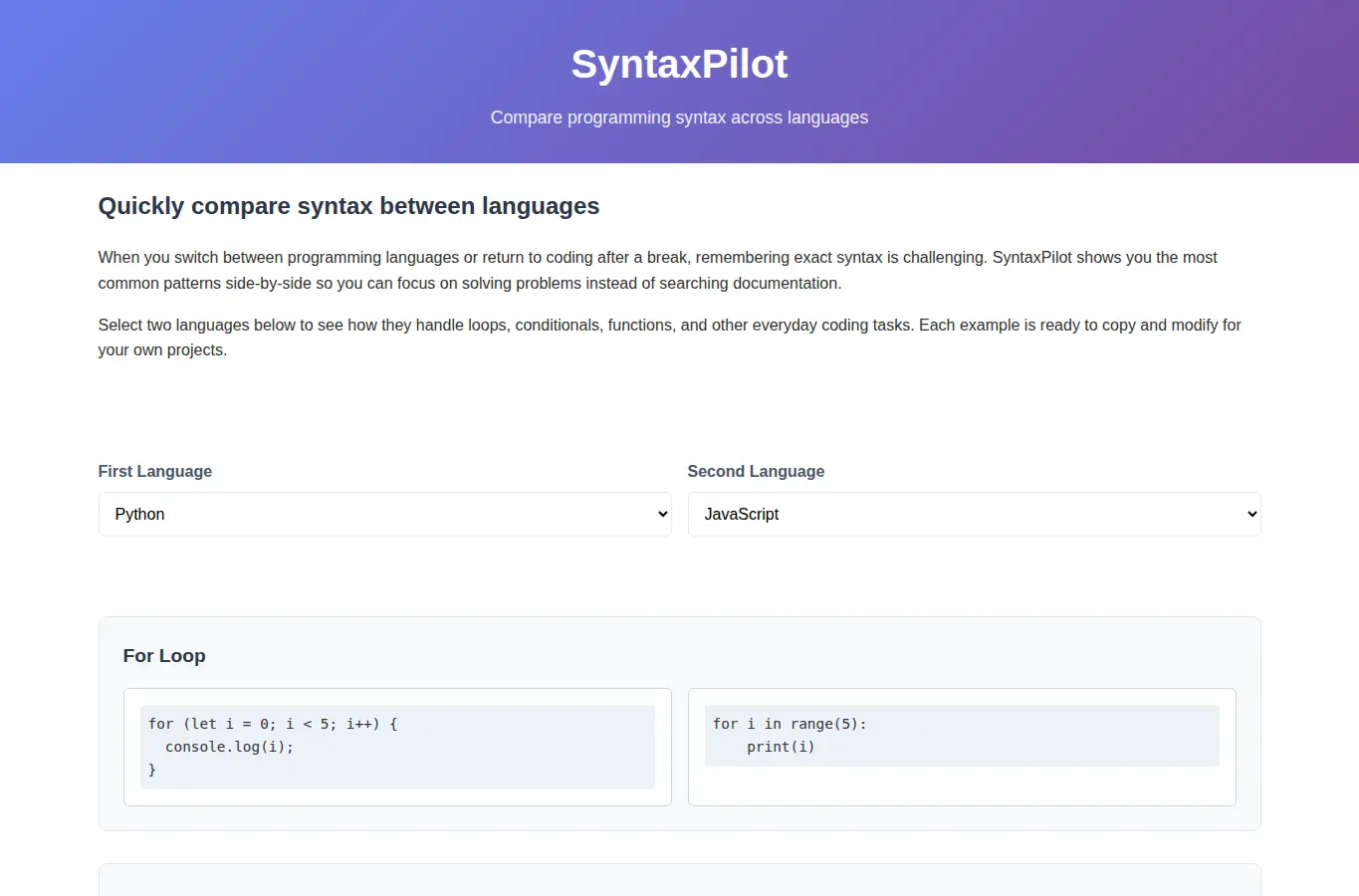 Screenshot of SyntaxPilot: Programming Language Explorer interface showing the project page in use
